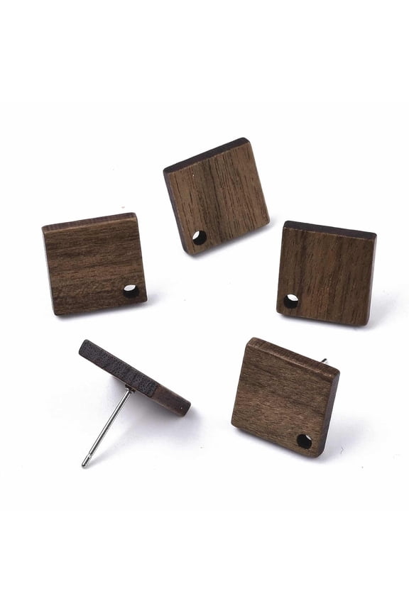 E830 - 10 pcs. 304 Stainless Steel Earring Posts Studs Settings Cabochons Tacks - 17mm - Wood - Brown - Square Diamond