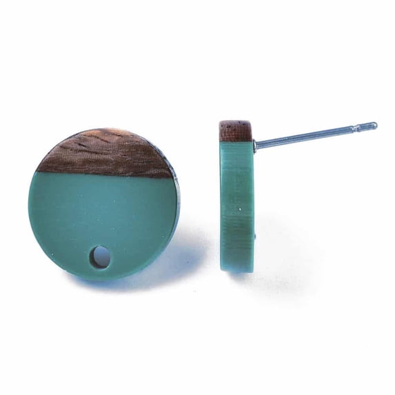 E833 - 10 pcs. 304 Stainless Steel Earring Posts Studs Settings Cabochons Tacks - 14mm Diameter - Wood and Resin - Brown and Teal