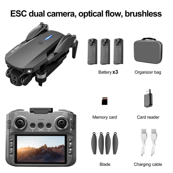 E88 Brushless Motor RC Drones, Remote Control Screen, Optical Flow Positioning, HD Dual Cameras, 6-Ch Gyroscope, Foldable Drone Toy ,Toys Gifts,3 Battery,Black