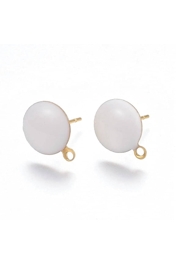 E937 - 10 pcs. 304 Stainless Steel Gold Plated Half Round Earring Ball Posts with Loop - White Enamel - 12.5mm x 10mm - Hole: 1.2mm - with Stoppers!