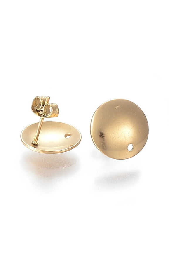 E943 - 10 pcs. 304 Stainless Steel Half Round Earring Ball Posts with Hole - Gold Plated - 13mm x 2mm - Hole: 1.5mm - with Stoppers!