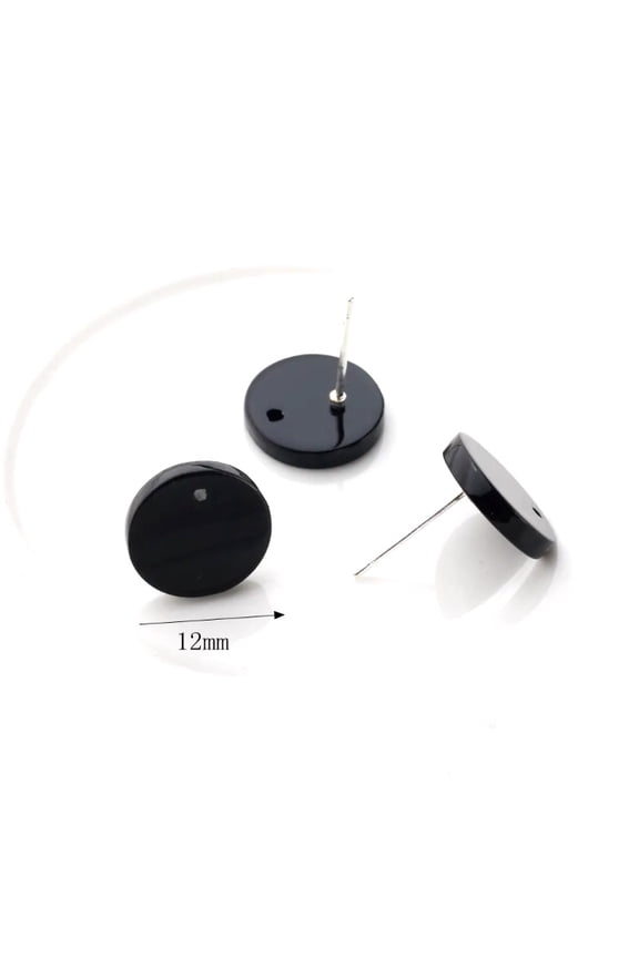 E950 - 10 pcs. 304 Stainless Steel Earring Posts Studs Settings Cabochons Tacks - 12mm Diameter - Acrylic - Black