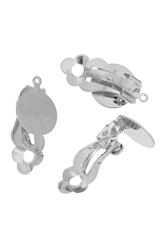 E961 - 10 pcs. Silver Tone Hinged Earring Posts Studs Clips Settings Cabochons Posts - 12mm Glue Pad Setting