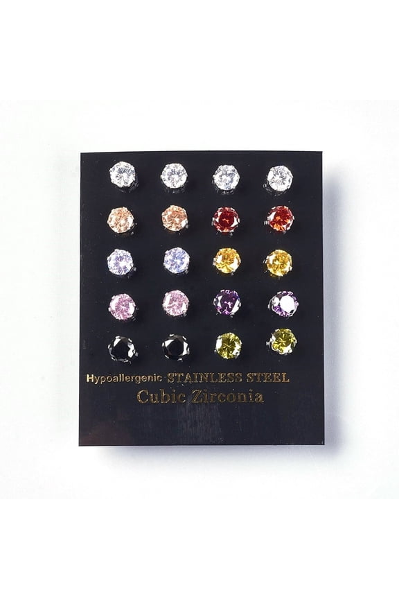 E970 - 10 pairs 304 Stainless Steel Cubic Zirconia Earrings Posts - Mix of Colors 6mm
