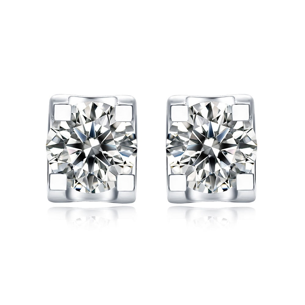 E973 - 2 pcs (1 Pair) 925 Sterling Silver Cubic Zirconia (CZ) Micro Pave Earring Studs with Rubber Backs - 7.5mm x 5mm - Real Platinum Plated