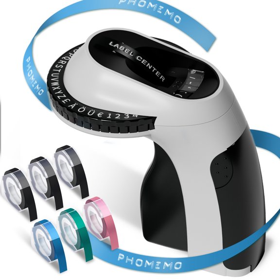 E975 Handheld 3D Embossing Label Maker, Manual Portable Emboss Label Printer with 6 Rolls Waterproof Color Tapes, 48 Character Dial European Accent & Currency Symbols, No Battery Required