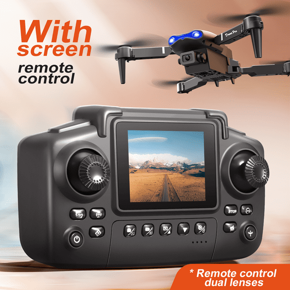 E99 Max Foldable RC Drone with Built-in Screen Remote Controller, Dual 4K Cameras, Brushless Motor, Obstacle Avoidance, Optical Flow Hover, LED Navigation Lights, 2 Rechargeable Batteries, Spare Prop