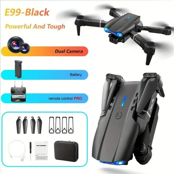 E99D Folding Drone with Dual Camera, Remote Control, LED Lights, Rechargeable Battery, 480p Video Capture, App Control, Quadcopter Design