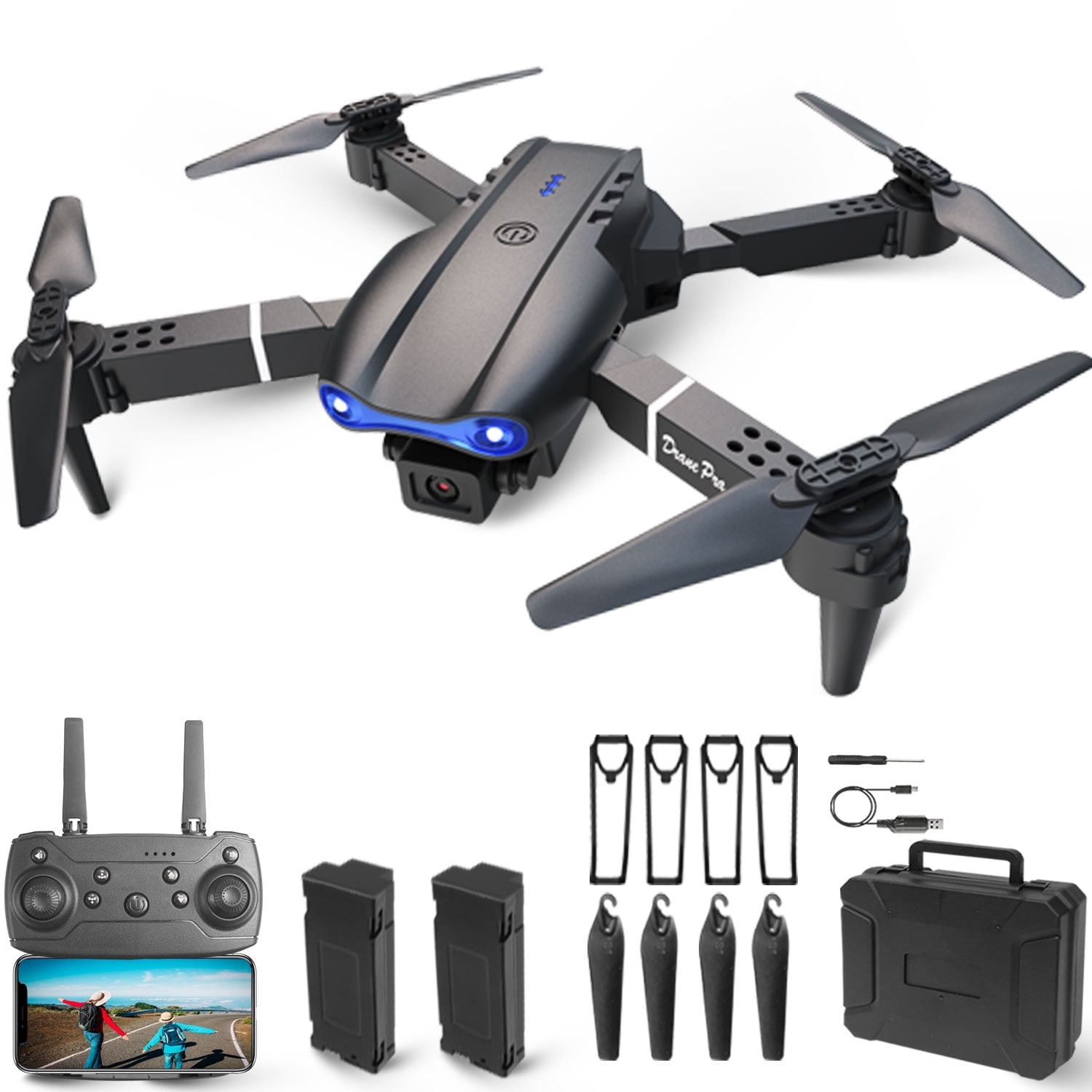 Casrra Drone E99pro HD Dual Camera Quadcopter, Foldable, Altitude Hold, 30 Min Flight, 2 Batteries, Black Case
