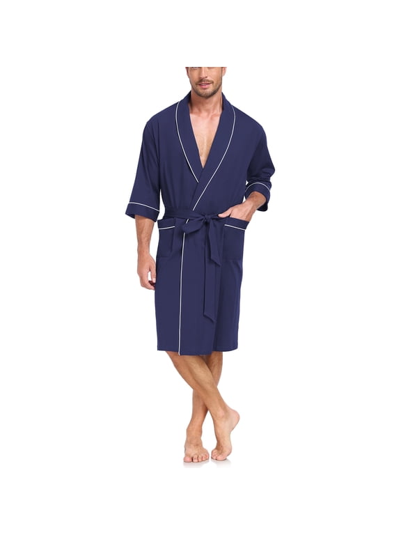 100% Cotton Men's Bathrobes Summer Kimono Mens Lightweight Soft Robe Spa Robes for Men ShorttSleeve Sleepwear Loungewear with Pockets with Pockets(Navy Blue,L)