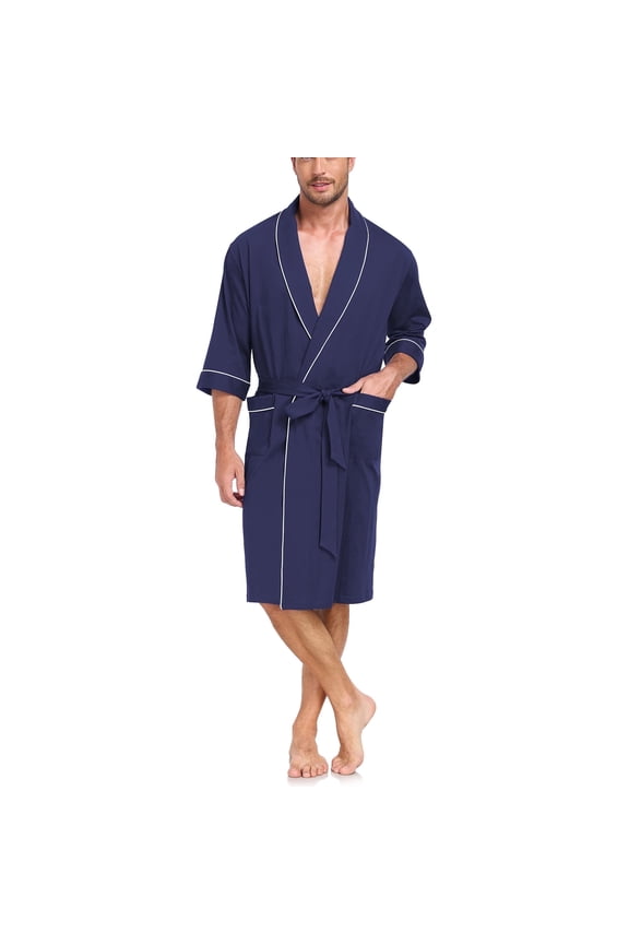 100% Cotton Men's Bathrobes Summer Kimono Mens Lightweight Soft Robe Spa Robes for Men ShorttSleeve Sleepwear Loungewear with Pockets with Pockets(Navy Blue,2XL)