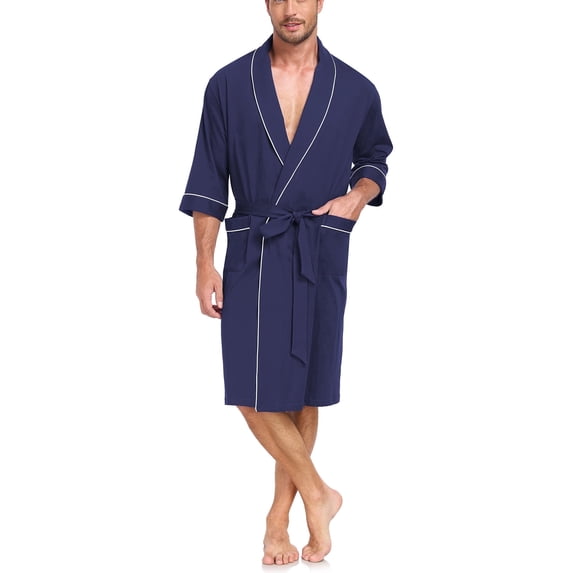 EA'S SECRET 100% Cotton Men's Bathrobes Summer Kimono Mens Lightweight Soft Robe Spa Robes for Men ShorttSleeve Sleepwear Loungewear with Pockets with Pockets(Navy Blue,2XL)
