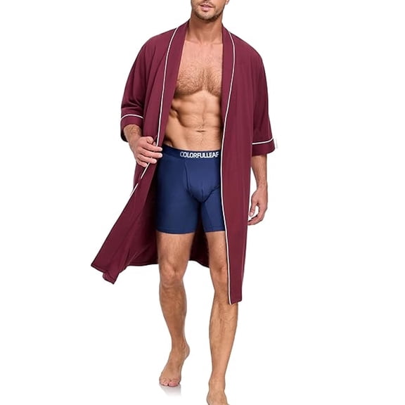 EA'S SECRET 100% Cotton Men's Lightweight Robe Short Sleeve Mens Bathrobe Lightweight Spa Bath Robe for Men(Burgundy,L)