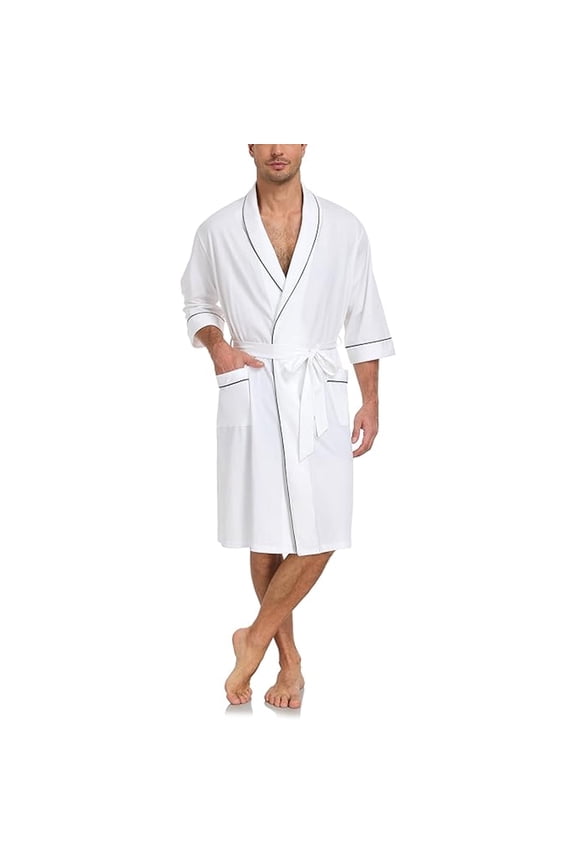 100% Cotton Men's Lightweight Robe Short Sleeve Mens Bathrobe Lightweight Spa Bath Robe for Men(White,2XL)
