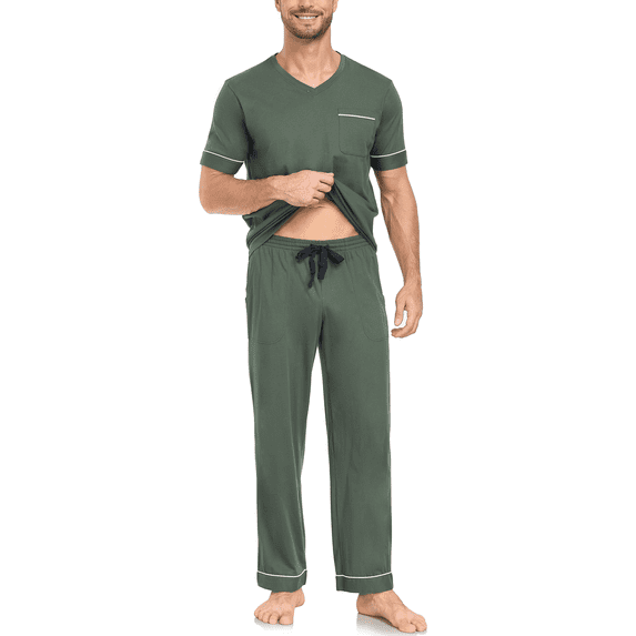 EA'S SECRET 100% Cotton Mens Pajamas Set Short Sleeve Top and Long Pants Pjs Lightweight Pullover Sleepwear with Pocket(AG,S)