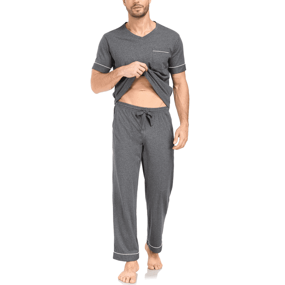 EA'S SECRET 100% Cotton Mens Pajamas Set Short Sleeve Top and Long Pants Pjs Lightweight Pullover Sleepwear with Pocket(DGR,M)