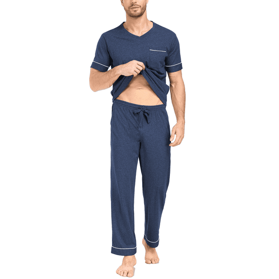 EA'S SECRET 100% Cotton Mens Pajamas Set Short Sleeve Top and Long Pants Pjs Lightweight Pullover Sleepwear with Pocket(HN,L)