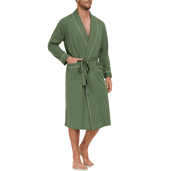 EA'S SECRET 100% Cotton Mens Robe Lightweight Long Kimono Bathrobe with Pockets Cozy Knit Spa Robes Breathable Shower Bath Robes(Army Green,M)