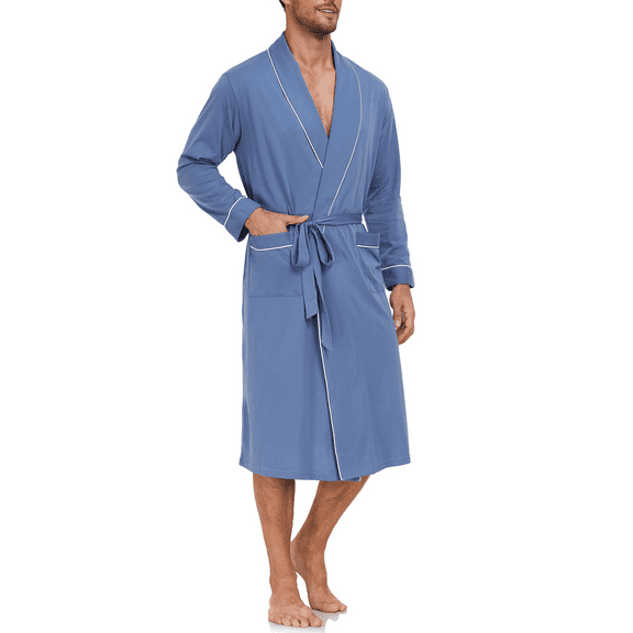EA'S SECRET 100% Cotton Mens Robe Lightweight Long Kimono Bathrobe with Pockets Cozy Knit Spa Robes Breathable Shower Bath Robes(Blue,2XL)