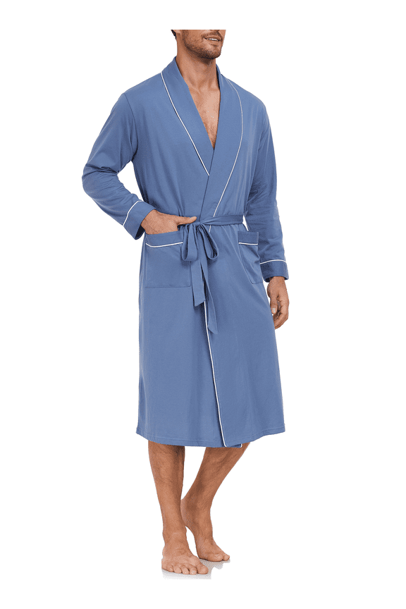 100% Cotton Mens Robe Lightweight Long Kimono Bathrobe with Pockets Cozy Knit Spa Robes Breathable Shower Bath Robes(Blue,L)