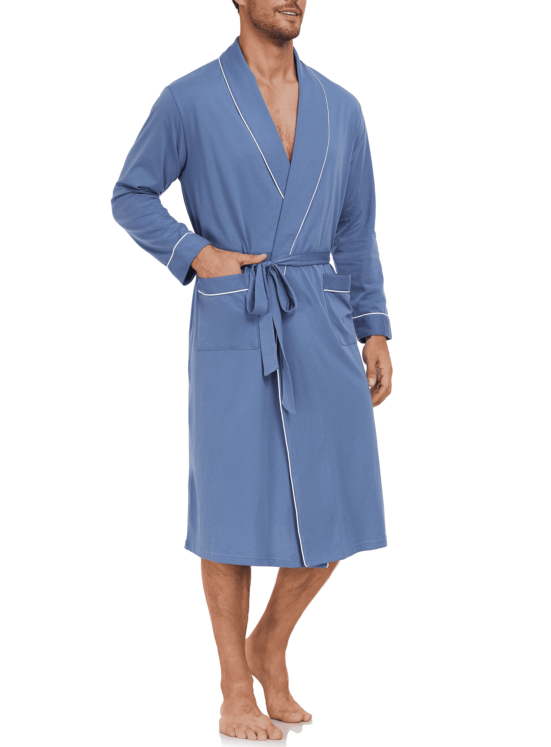Bata de baño de algodón 100% para hombre, kimono ligero de talle largo con bolsillos, bata de spa de punto acogedor y transpirable, bata de ducha (Azul, L)