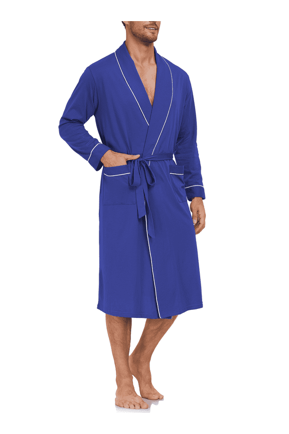 100% Cotton Mens Robe Lightweight Long Kimono Bathrobe with Pockets Cozy Knit Spa Robes Breathable Shower Bath Robes(Cobalt Blue,M)