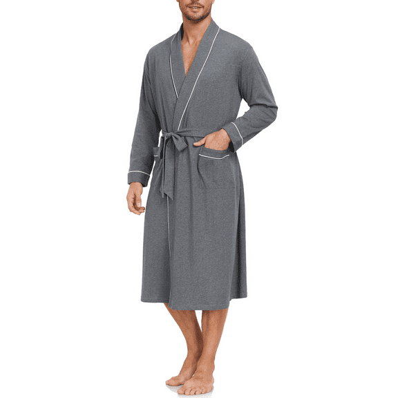 EA'S SECRET 100% Cotton Mens Robe Lightweight Long Kimono Bathrobe with Pockets Cozy Knit Spa Robes Breathable Shower Bath Robes(Deep Gray,2XL)