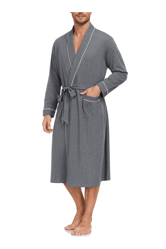 100% Cotton Mens Robe Lightweight Long Kimono Bathrobe with Pockets Cozy Knit Spa Robes Breathable Shower Bath Robes(Deep Gray,L)