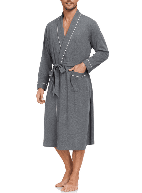 100% Cotton Mens Robe Lightweight Long Kimono Bathrobe with Pockets Cozy Knit Spa Robes Breathable Shower Bath Robes(Deep Gray,M)