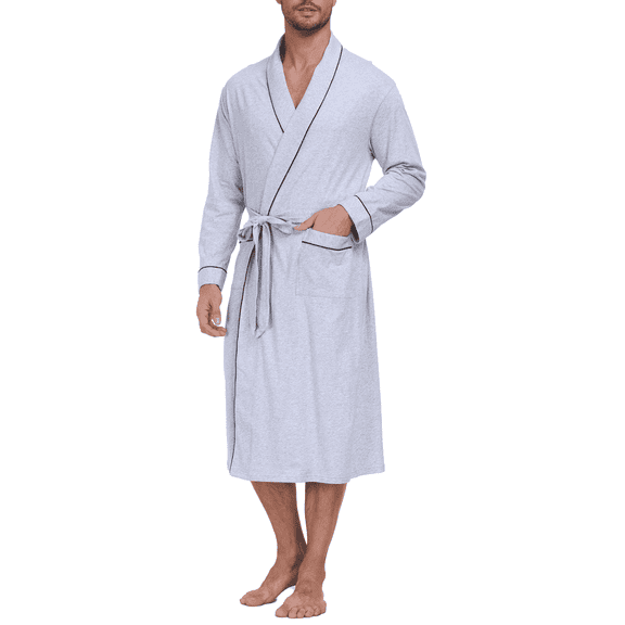 EA'S SECRET 100% Cotton Mens Robe Lightweight Long Kimono Bathrobe with Pockets Cozy Knit Spa Robes Breathable Shower Bath Robes(Grey,2XL)