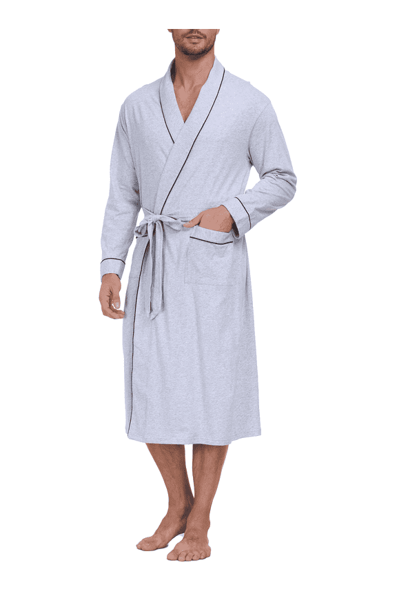100% Cotton Mens Robe Lightweight Long Kimono Bathrobe with Pockets Cozy Knit Spa Robes Breathable Shower Bath Robes(Grey,XL)