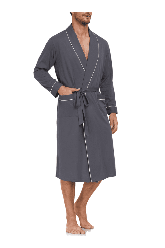 100% Cotton Mens Robe Lightweight Long Kimono Bathrobe with Pockets Cozy Knit Spa Robes Breathable Shower Bath Robes(Iron Gray,M)