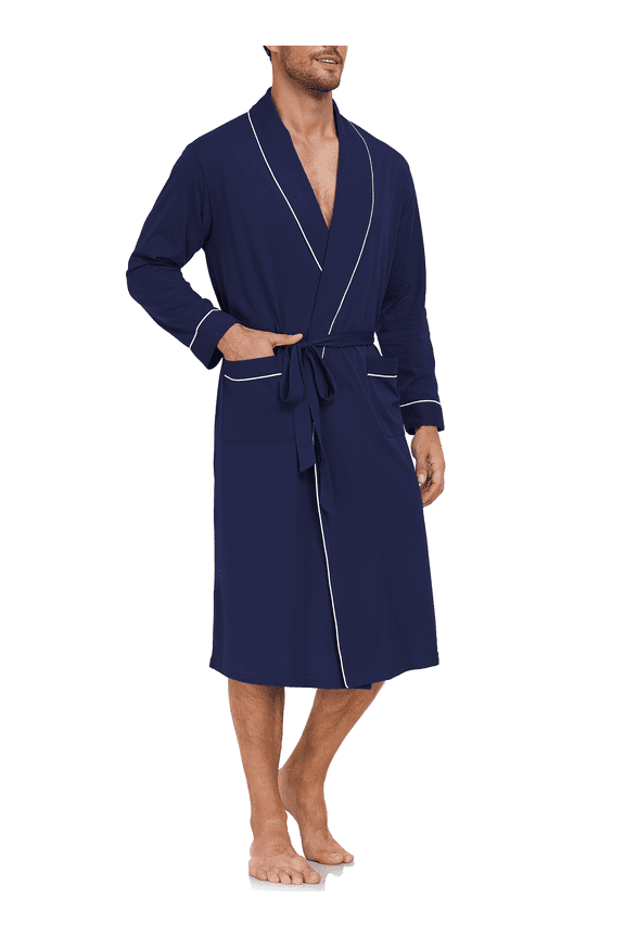 100% Cotton Mens Robe Lightweight Long Kimono Bathrobe with Pockets Cozy Knit Spa Robes Breathable Shower Bath Robes(Navy Blue,L)