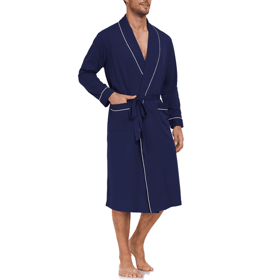 EA'S SECRET 100% Cotton Mens Robe Lightweight Long Kimono Bathrobe with Pockets Cozy Knit Spa Robes Breathable Shower Bath Robes(Navy Blue,M)