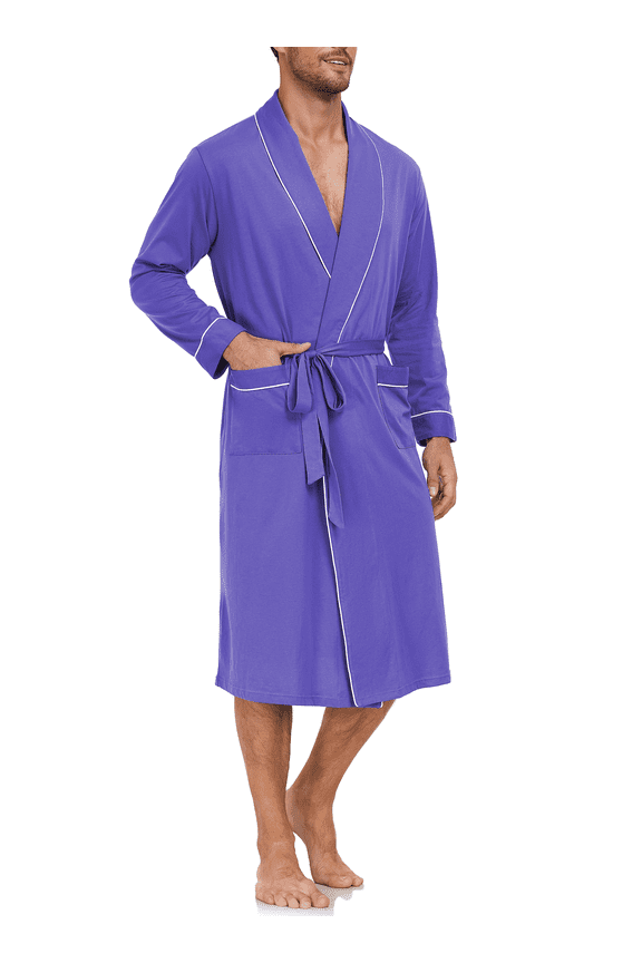 100% Cotton Mens Robe Lightweight Long Kimono Bathrobe with Pockets Cozy Knit Spa Robes Breathable Shower Bath Robes(Purple,L)