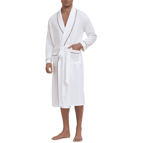 EA'S SECRET 100% Cotton Mens Robe Lightweight Long Kimono Bathrobe with Pockets Cozy Knit Spa Robes Breathable Shower Bath Robes(White,M)