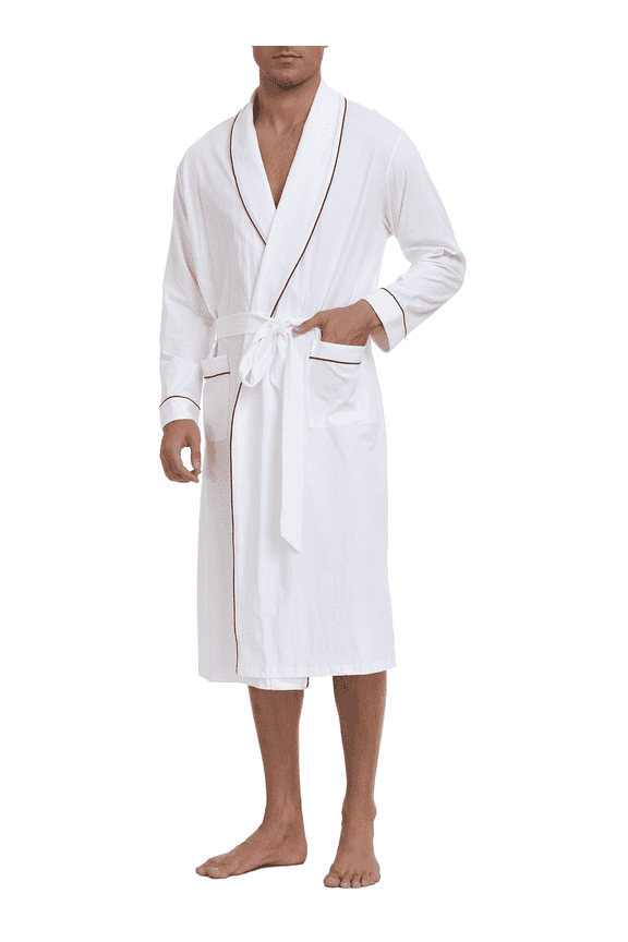 100% Cotton Mens Robe Lightweight Long Kimono Bathrobe with Pockets Cozy Knit Spa Robes Breathable Shower Bath Robes(White,XL)