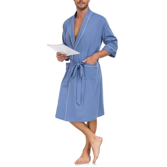 EA'S SECRET 100% Cotton Mens Robe Ultra Soft Cotton Bathrobe Lightweight Kimono V Neck Collor Loungewear Knee Length with Pockets Spa Robes for Men ShorttSleeve Sleepwear(Blue,2XL)