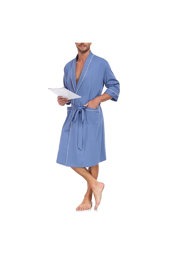 100% Cotton Mens Robe Ultra Soft Cotton Bathrobe Lightweight Kimono V Neck Collor Loungewear Knee Length with Pockets Spa Robes for Men ShorttSleeve Sleepwear(Blue,L)