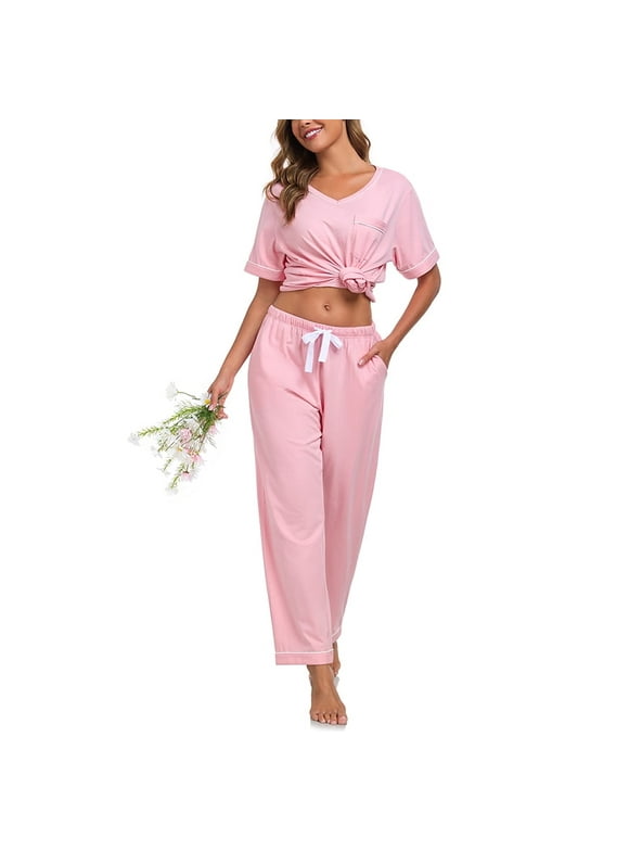 100% Cotton Pajama Sets for Women 2 Piece Short Sleeve V Neck Loungewear Sets Lightweight Pjs with Pockets S-XXL (Pink,L)