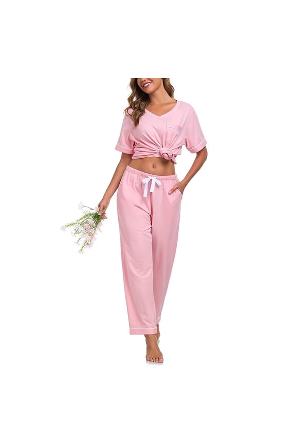 100% Cotton Pajama Sets for Women 2 Piece Short Sleeve V Neck Loungewear Sets Lightweight Pjs with Pockets S-XXL (Pink,L)