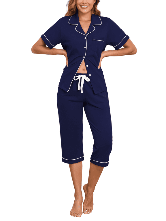 100% Cotton Pajamas for Women Set Short Sleeve Women's Sleepwear Button Down Loungewear Capri Summer Pajama Pants with Pockets(Navy Blue,M)