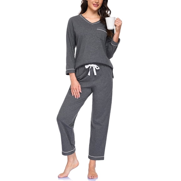 EA'S SECRET 100% Cotton Pajamas for Women Set 2 Piece Lounge Set V Neck Long Sleeve Pj Long Pants Sleepwear with Pockets(Dark Grey,L)