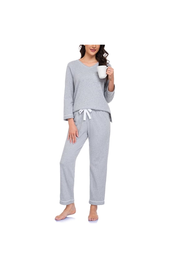 100% Cotton Pajamas for Women Set 2 Piece Lounge Set V Neck Long Sleeve Pj Long Pants Sleepwear with Pockets(Grey,M)
