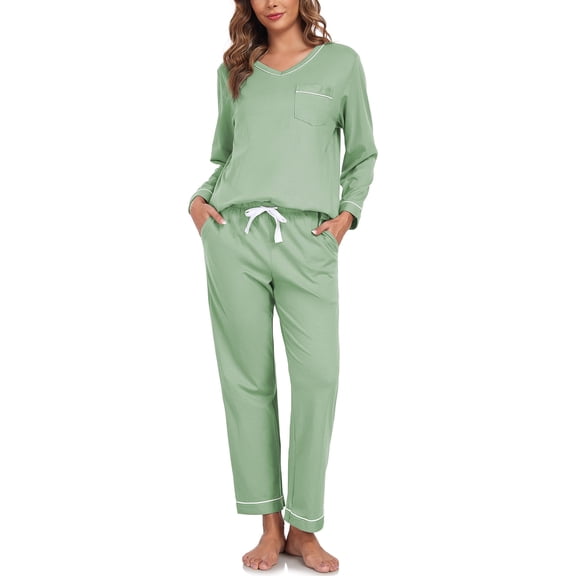 EA'S SECRET 100% Cotton Pajamas for Women Set 2 Piece Lounge Set V Neck Long Sleeve Pj Long Pants Sleepwear with Pockets(Sage Green,L)