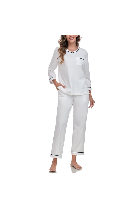 100% Cotton Pajamas for Women Set 2 Piece Lounge Set V Neck Long Sleeve Pj Long Pants Sleepwear with Pockets(White,L)
