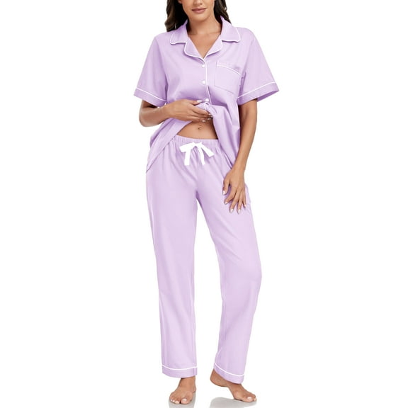EA'S SECRET 100% Cotton Pajamas for Women Set Button Down Sleepwear Short Sleeve and Long Pants Lounge Set with Pockets S-XXL(Light Purple,S)