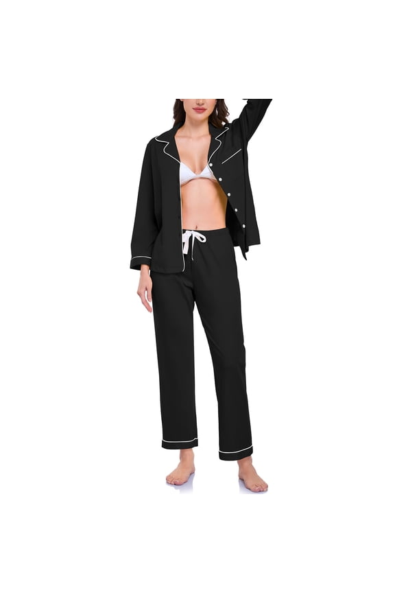 100% Cotton Pajamas for Women Set Long Sleeve Sleepwear Button Down Loungewear Soft Pjs 2 Piece Lounge Sets(Black,XL)