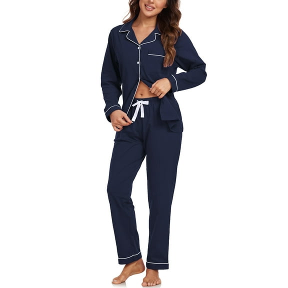EA'S SECRET 100% Cotton Pajamas for Women Set Long Sleeve Sleepwear Button Down Loungewear Soft Pjs 2 Piece Lounge Sets(Navy Blue,M)