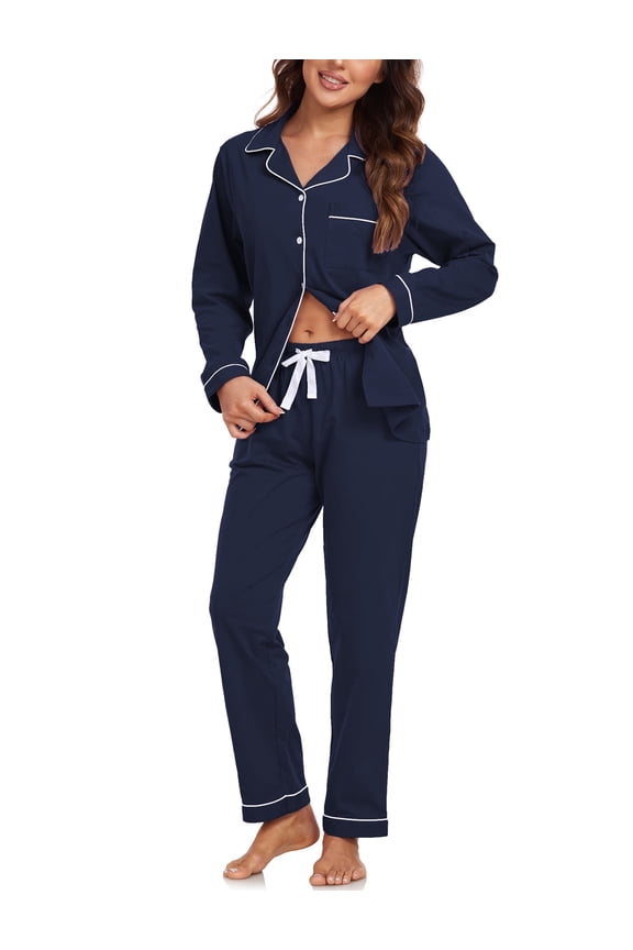 100% Cotton Pajamas for Women Set Long Sleeve Sleepwear Button Down Loungewear Soft Pjs 2 Piece Lounge Sets(Navy Blue,XL)